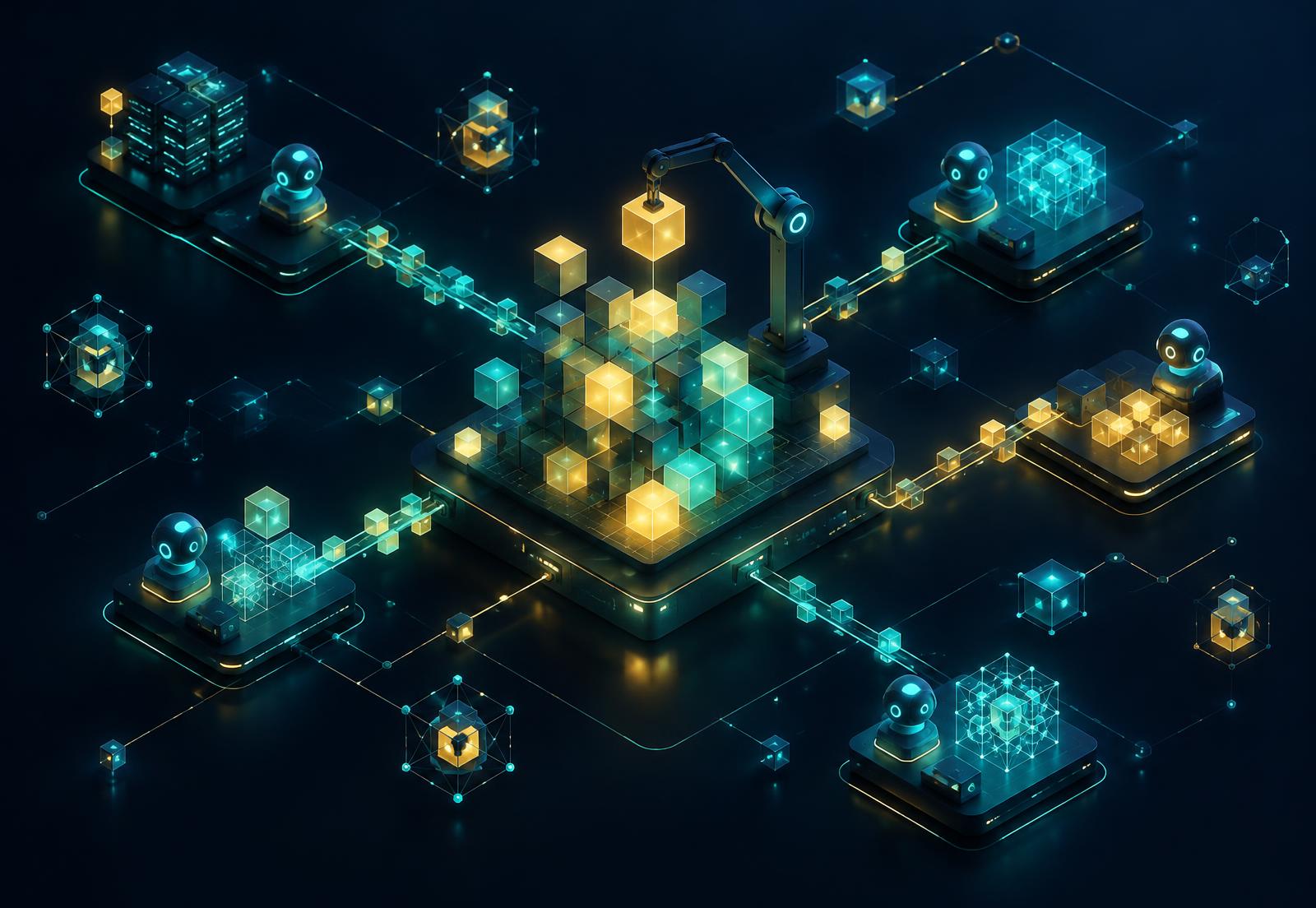 Network of AI agents being assembled in a digital factory